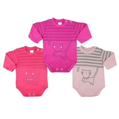KIT BODY MANGA LONGA FEMININO - 3 UNIDADES - TAMANHO RN AO EX # 7571 - PETUTINHA