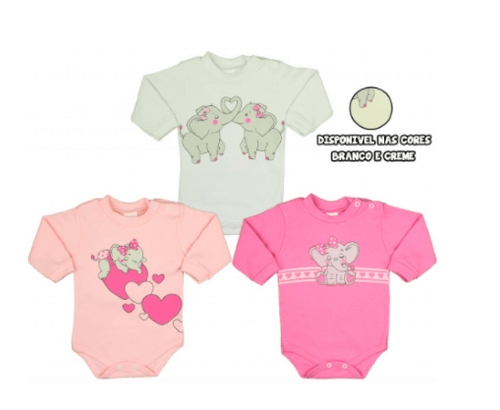 KIT BODY MANGA LONGA - FEMININO - 3 UNIDADES - TAMANHO RN AO EX # 6634 - PETUTINHA