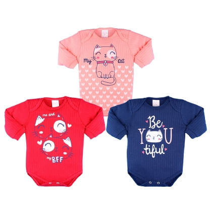 KIT BODY MANGA LONGA - FEMININO - 3 UNIDADES - TAMANHO RN AO EG # 7808 - PETUTINHA