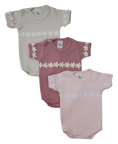KIT BODY MANGA CURTA - 3 UNIDADES - TAMANHO RN AO G #40.106 - ROSA BEBÊ