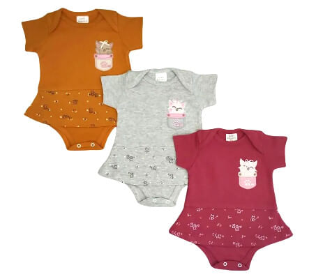 KIT BODY SAIA MANGA CURTA - FEMININO - 3 UNIDADES - TAMANHO RN AO G # 4554N - KORTE REKORTE