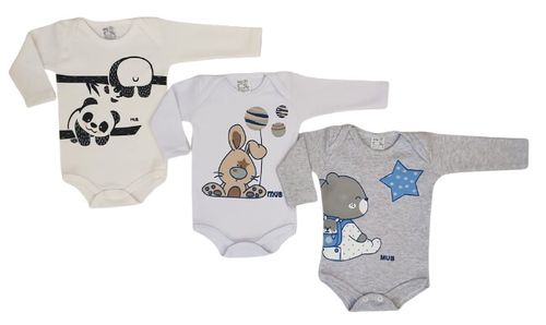 KIT BODY MANGA LONGA - MASCULINO - 3 UNIDADES - TAMANHO RN AO G # 2179 - MUB