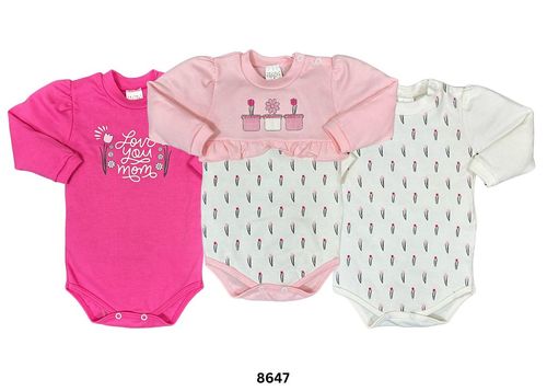KIT BODY MANGA LONGA- FEMININO - 3 UNIDADES - TAMANHO RN AO EG # 8647 - PETUTINHA